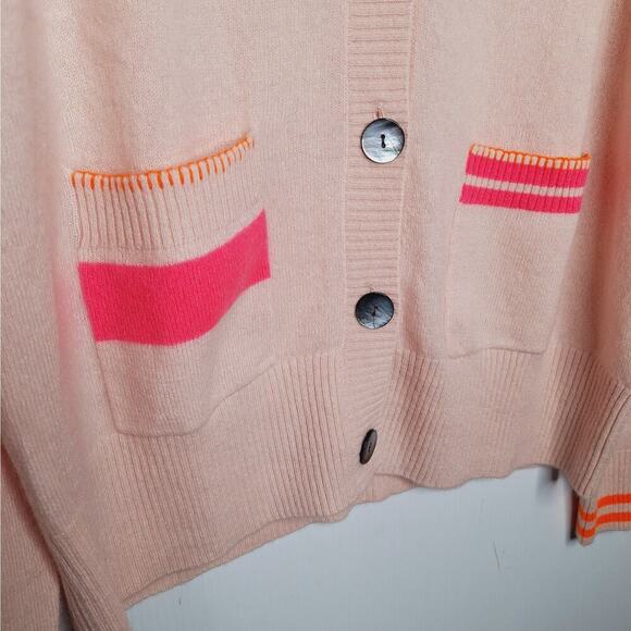 Brodie Elbow Patch Cardigan 100% Cashmere Large Varsity Stripe Preppy Academia - Picture 11 of 16
